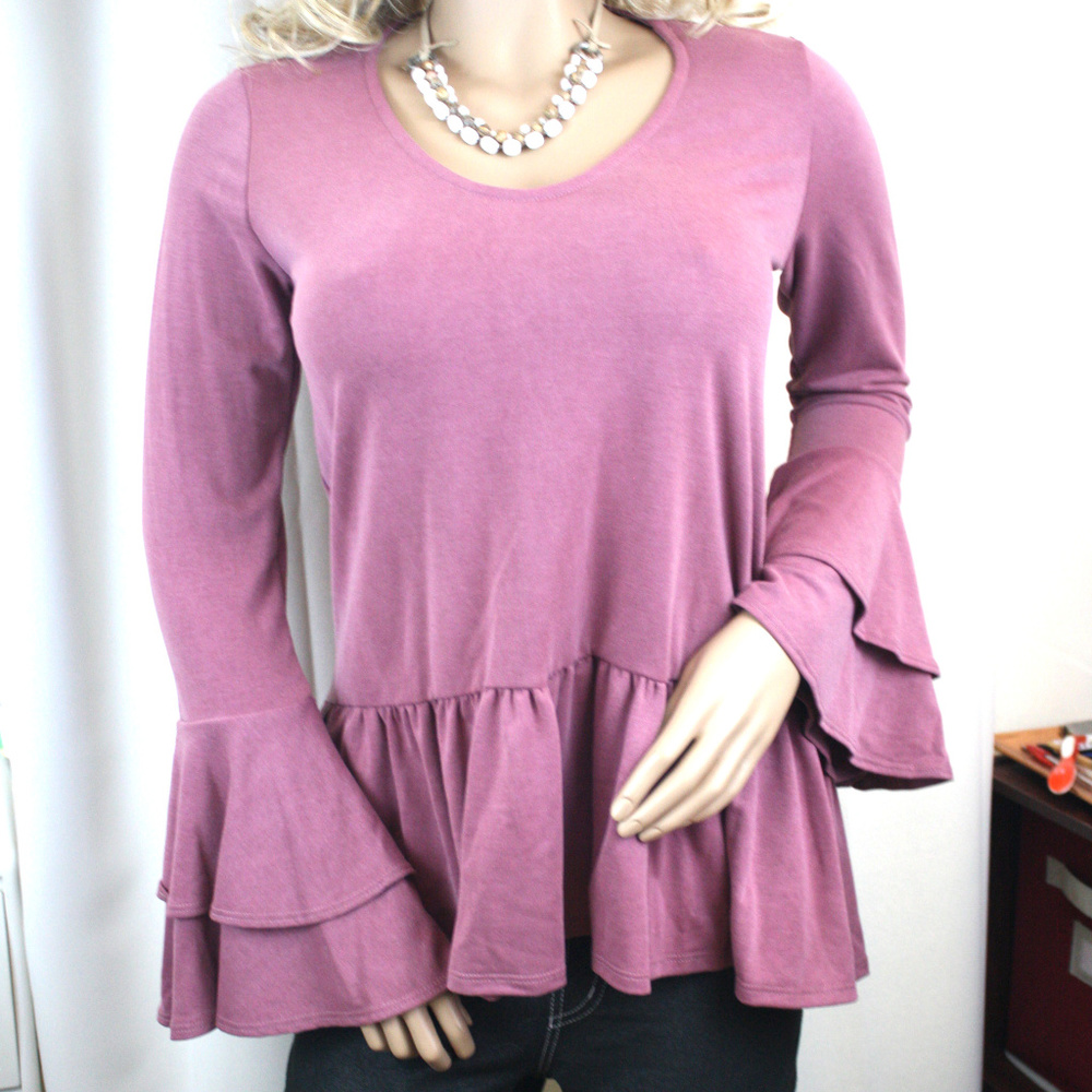 Washed French Terry Boho V-Neck Tunic w Ruffles - Picture 6 of 7